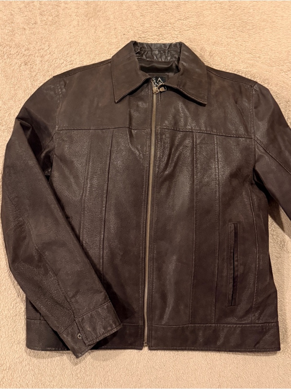 Men's Brown Leather Zip-Front Jacket - Classic Collared Style